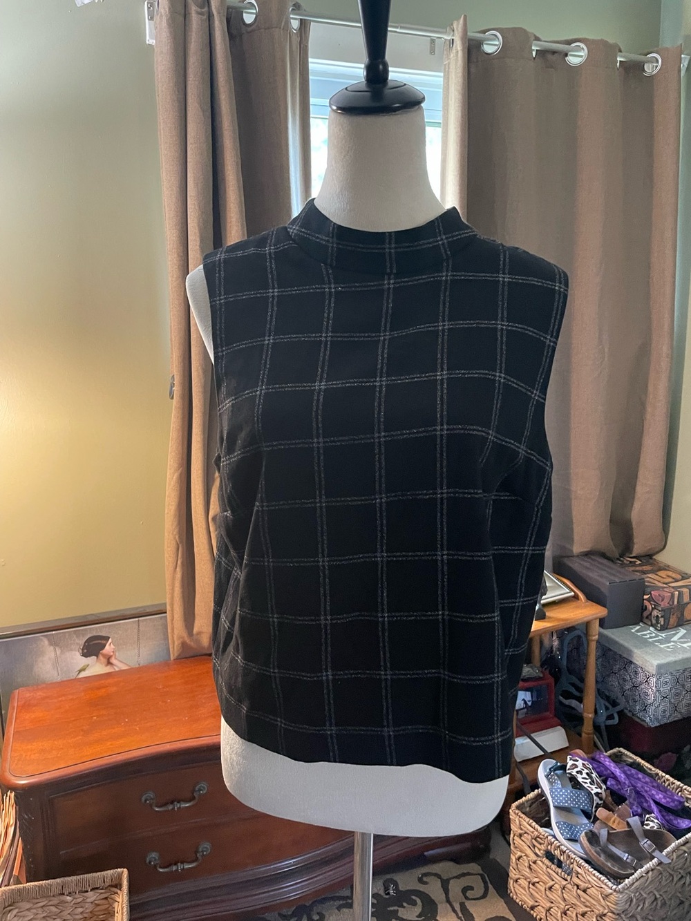 Carolina Belle Black Windowpane Plaid Sleeveless Top